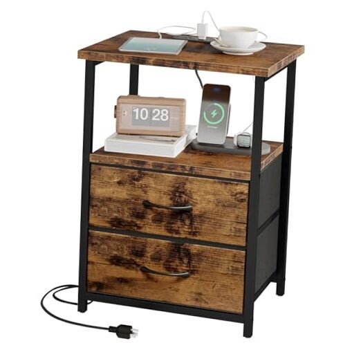 Night Stand with Charging Station, Nightstand with Rustic Brown 2 Drawers