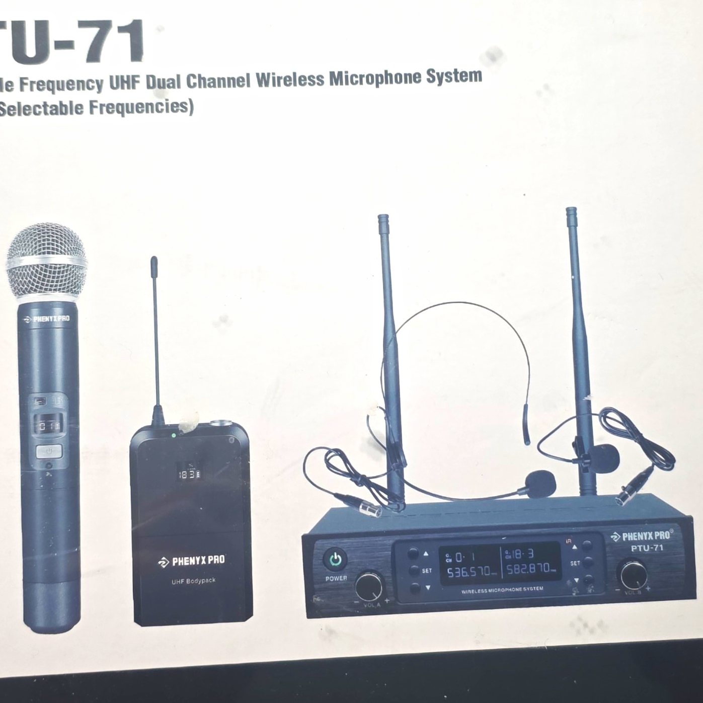 Phenyx Pro PTU-71 Dual Channel UHF Wireless Microphone System, Black