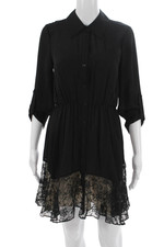 Alice + Olivia Women Shirt Dress Black Silk Collared 3/4 Sleeve Size XS