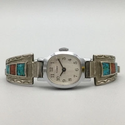 Vintage Timex Womens Watch 17mm Silver Tone Turquoise Coral Inlay Manual Wind Vintage Timex Womens Watch 17mm Silver Tone Turquoise Coral  main image 4