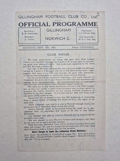 1945 46 Gillingham V Norwich City September 16th 1945 Friendly Match