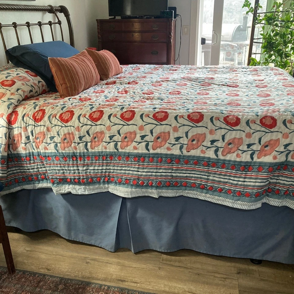 Indian Quilt Reversible 100% Cotton Blanket handmade Block Print Gray Comforter - Image 2 of 4