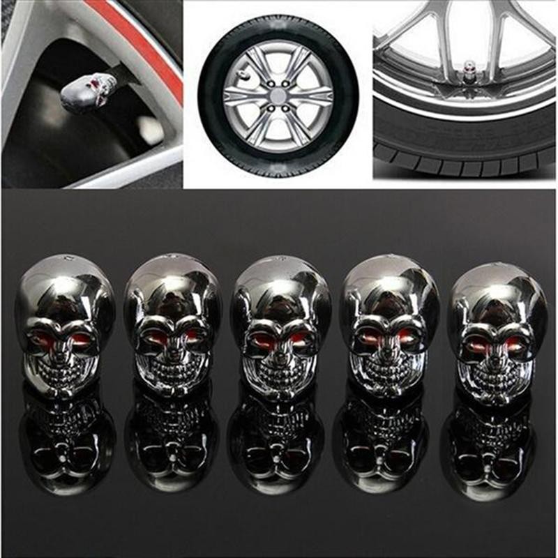 4 Skull Valve Stem Cap Cover Air Tire Wheel Car/Motorcycle/Bike Universal Silver