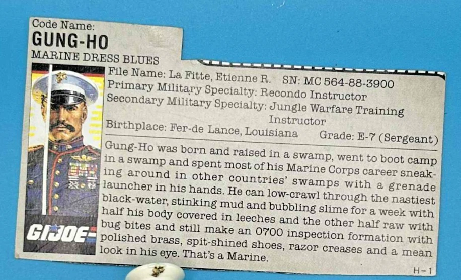 Figura de colección Hasbro GI Joe 1987 Gung-Ho tarjeta de archivo completa vestido marino azul Foto 4 de 4