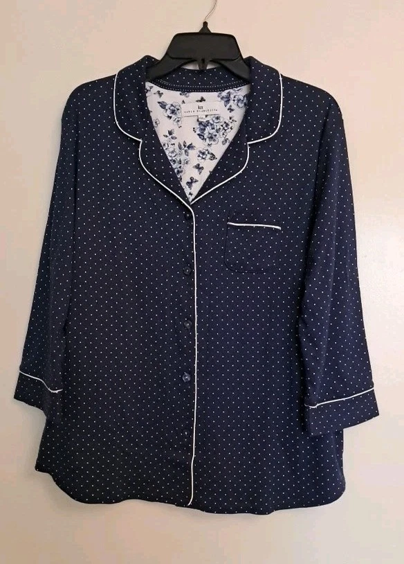 NUEVO SIN ETIQUETAS Karen Neuburger Camisón Manga 3/4 Azul y Blanco Lunares Talla XL Lujo Foto 2 de 4