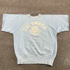 VINTAGE 60s Sweatshirt Mens M Blue Chi Omega Frat Fraternity Flocked Print True