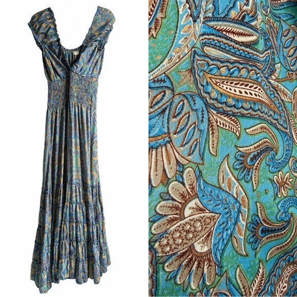 IMPRESSION PARIS Cold Silk Floral Smocked Tiered Maxi Dress L/XL Teal Babydoll