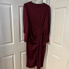 Burgundy Long Sleeve Stylish Ruched Midi Dress Size Large