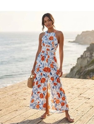 Abel the Label XS White Orange Blue Floral Maxi Dress Smocked Crochet Boho Beach