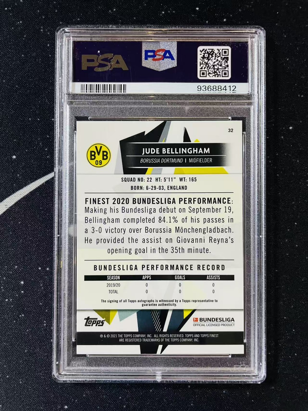2020-21 Topps Finest UEFA Jude Bellingham #32 RC Rookie Refractor PSA 10 view 2