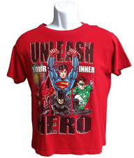 Justice League DC Kids T-Shirt Size Large Boys Girls Red Batman Superman Flash