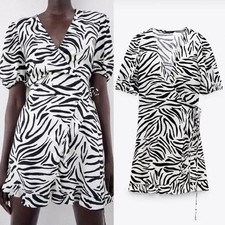RA Zebra Print Wrap Dress Puff Sleeve Ruffle Linen Bl Black White Animal Print S
