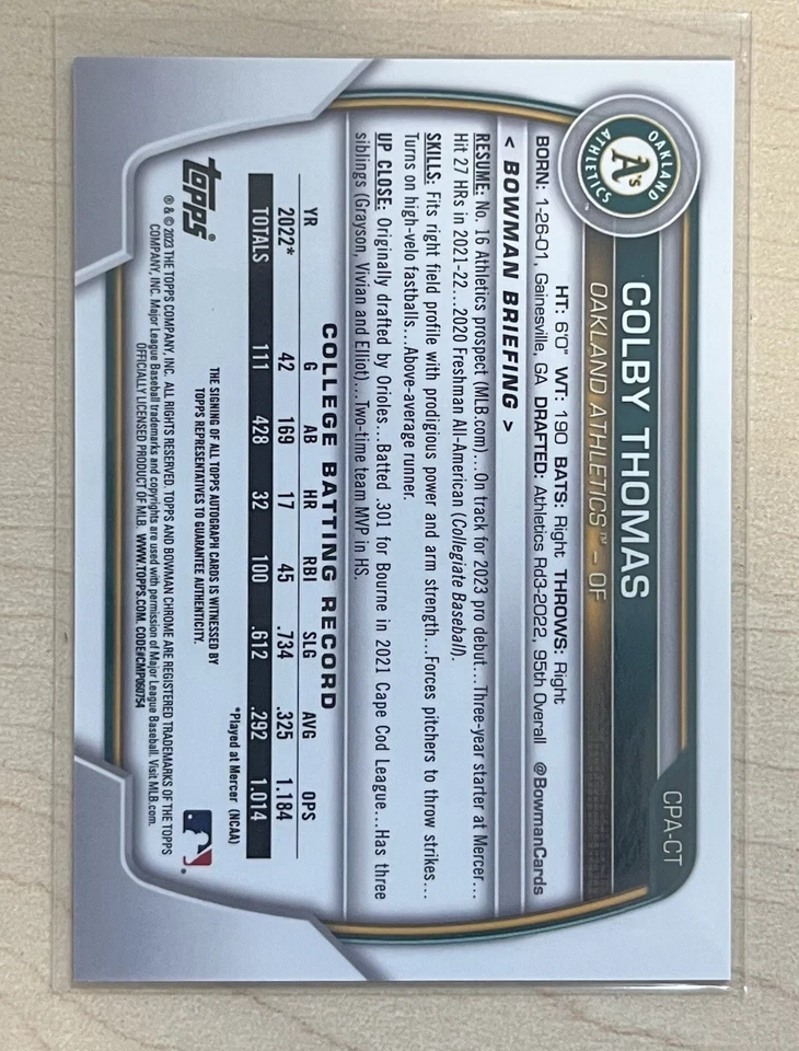 2023 Bowman Chrome Prospects Colby Thomas Auto - Image 2 of 2