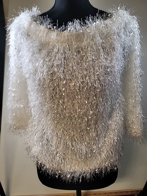 Women's Hayden Of Los Angeles white shaggy fringe fuzzy sweater Size Small