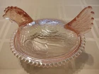 Vintage Pink Depression Glass Hen On Nest Covered Dish Chicken Candy Bowl Beaded