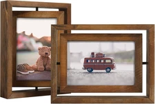 4x6 Rotating Floating Frames 2-Pack, Double-Sided Wood, HD Glass, Tabletop Stand