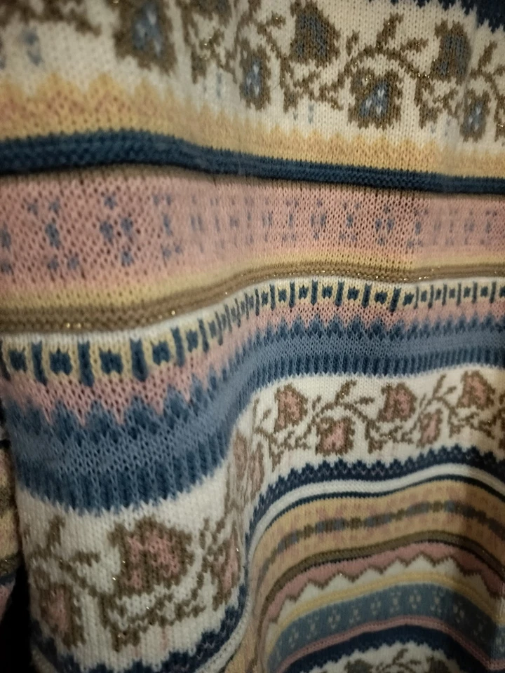  Vintage Sweater Jennifer Moore Acrylic Metallic Sweater Medium Blue Pink Gold - Image 3 of 4