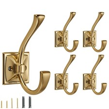Decorative Heavy Duty Towel Hooks Hanging Robe Double Brushed Brass 5 PCS