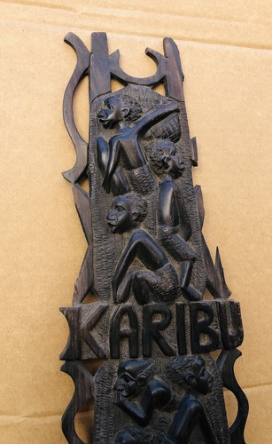 Vintage African Swahili Carved Wood Karibu Welcome Sign Makonde Tree Of Life 18” - Picture 13 of 16