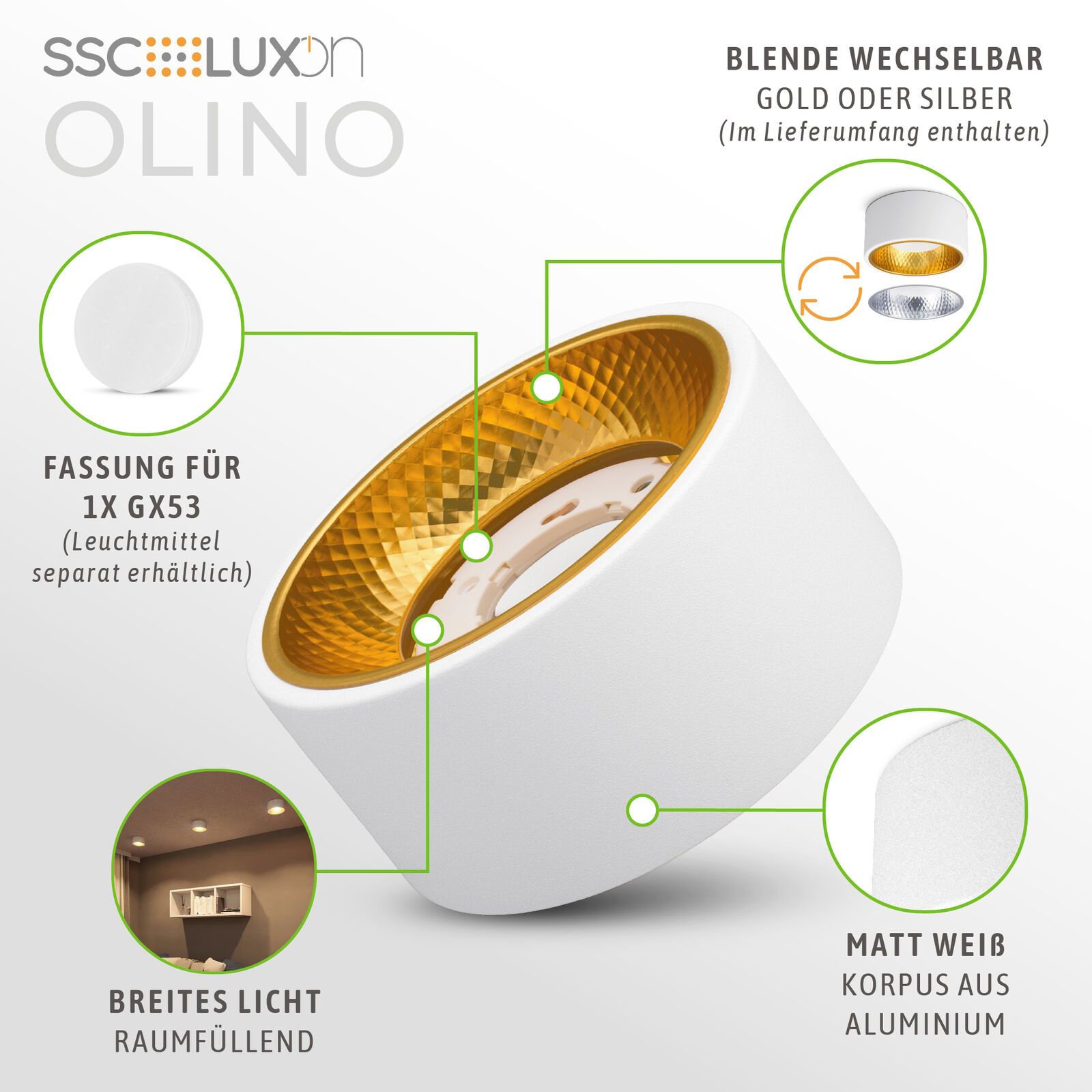 4 Stück OLINO Aufbau Deckenlampe in weiß rund Fassung für GX53 Aufbaulampe