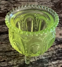 DEGENHART YELLOW VASELINE GLASS GYPSY POT FOOTED TOOTHPICK HOLDER 2 3/8”T