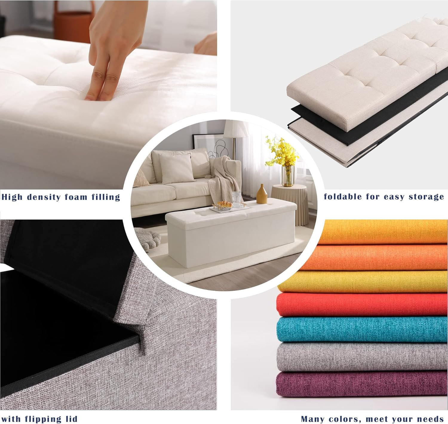 45.3 Inches Storage Ottoman Bench Foldable Seat Footrest Shoe Bench End of Bed S