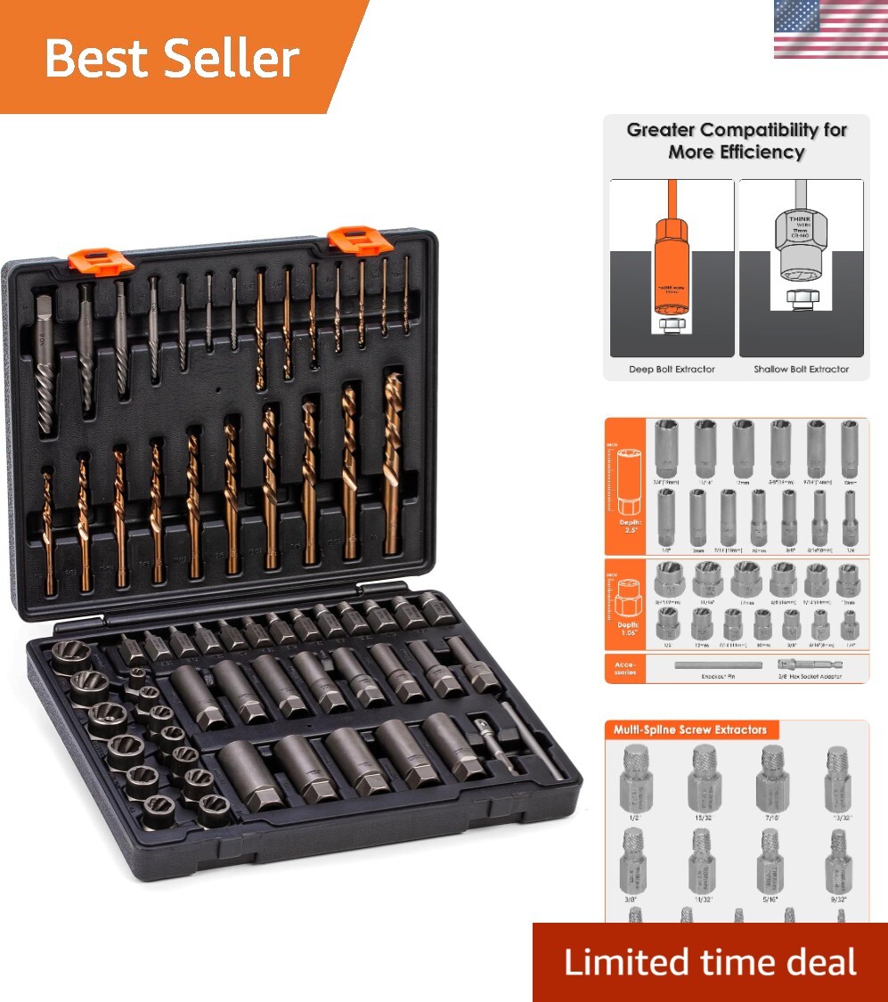 65-Piece Broken Bolt Extractor Kit for Easy Removal of Stripped Bolts & Nuts