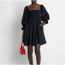 Kourt Portia Mini Dress Black Cotton Swiss Dot Smock Bodice Size Large EUC 