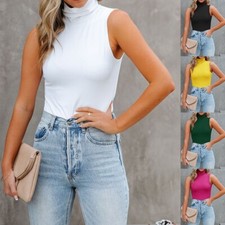 Women Sleeveless Turtleneck Tank Tops Stretch Ribbed Knit Fitted Durable Shirts