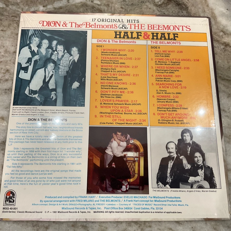 DION & The BELMONTS LP Half & Half 17 Original Hits 1981 MSG-40-001 SEALED MINT - Image 2 of 2