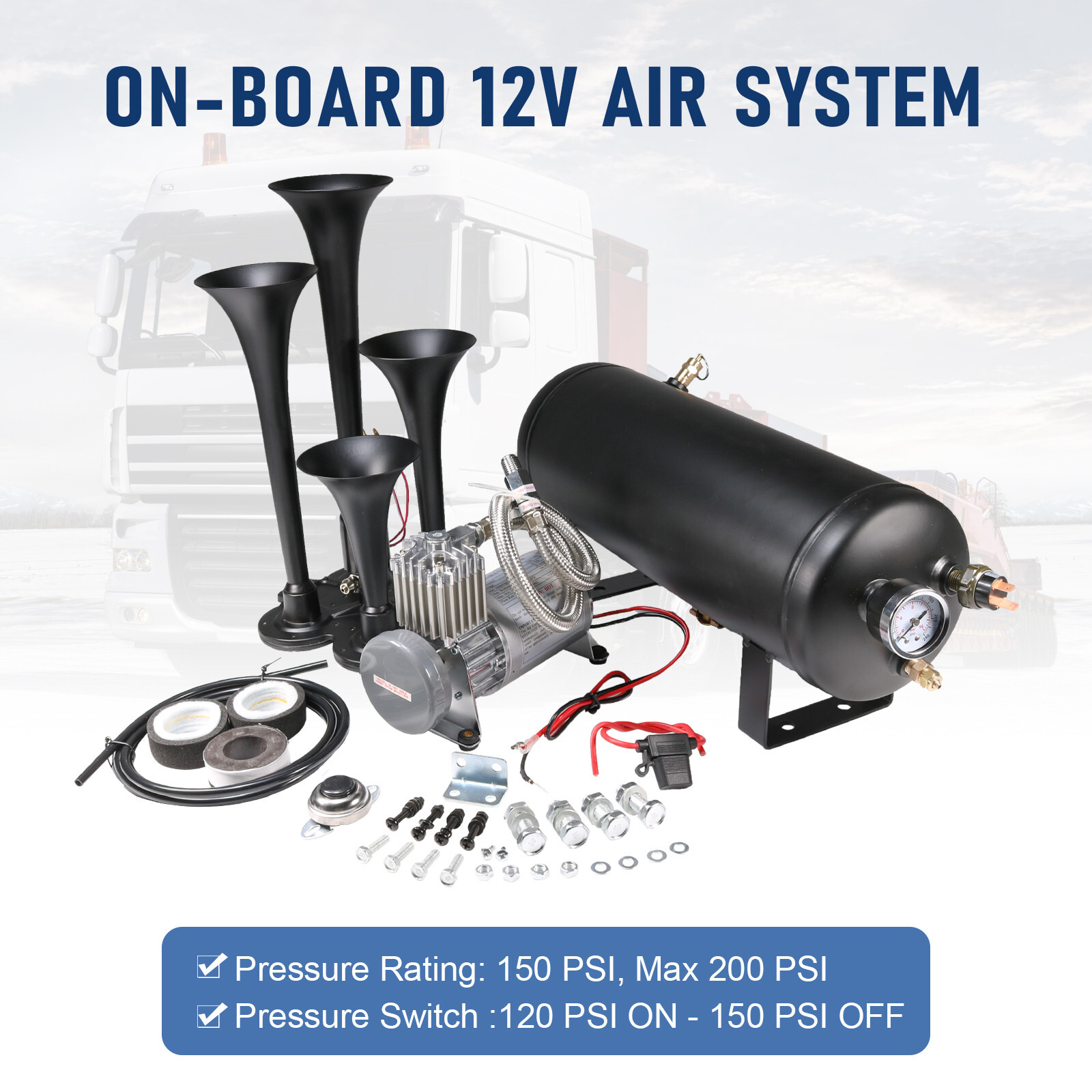 Train Horn Kit 4 Trumpets Semi Loud System 1.5G Air Tank 150PSI FITS Truck Car
