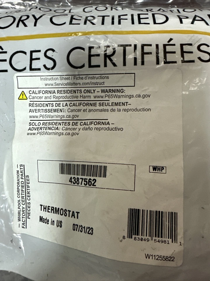 NEW OEM WHIRLPOOL 4387562 THERMOSTAT FOE WHIRLPOOL REFRIGERATOR 2172592 2172690 - Image 4 of 4