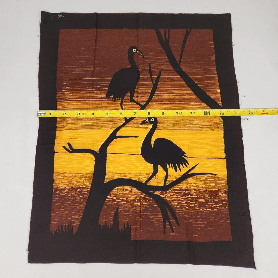 Vintage Batik Bird Fabric Panel 1980s Cotton 14x17.5 inch Black Birds Sunset - Image 3 of 4