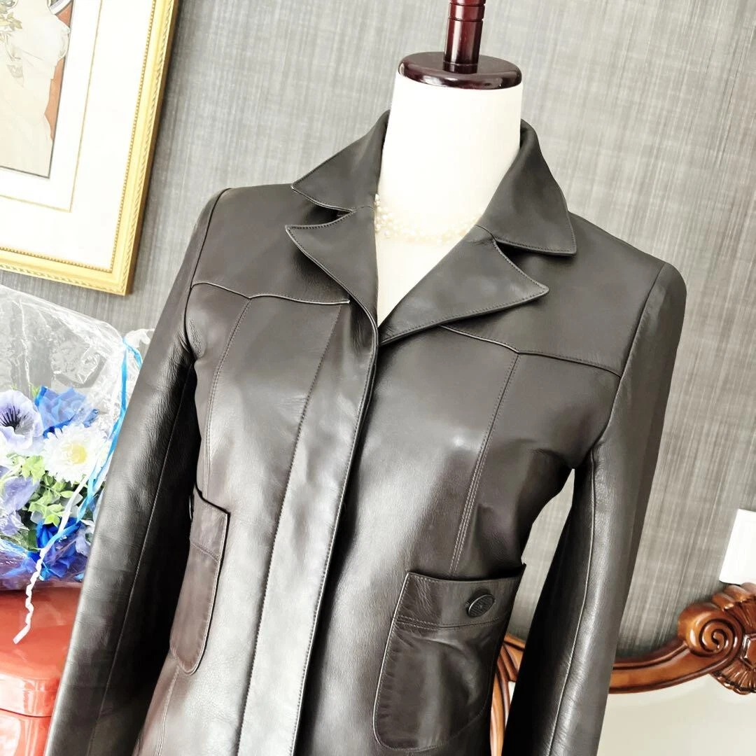 Giacca motociclista CHANEL marrone scuro cavaliere blouson pelle taglia 36 Made in France