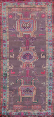 Purple Tribal Geometric Runner Rug 4x10 Handmade Wool for Hallway