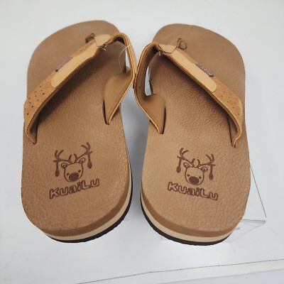 Kuailu Sandals Mens 12 Brown Flip Flop Logo Slide Summer  display picture 3