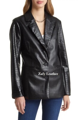 Design Neu Damen Schwarz 3D Geprägt Krokodil Leder Blazer Pure Weich Blazer