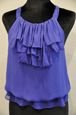 Miss Me MM Couture 100% Silk Top Womens Clothing Sleeveless Blue Ruffled Neck ~S