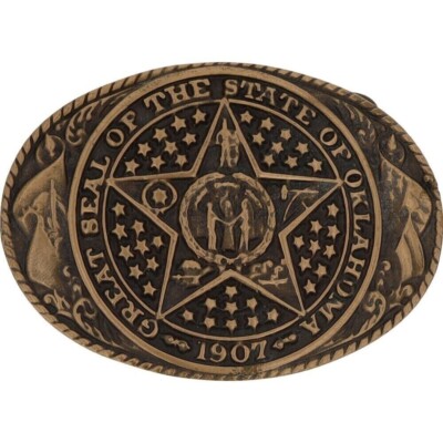 Brass Oklahoma State Seal Cowboy Western Cowgirl OK 90s NOS Vintage Belt  Buckle