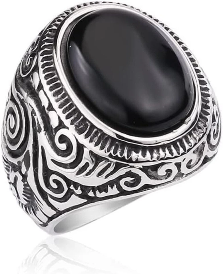 Anillo de acero inoxidable ovalado negro ónix azul turquesa ojo de tigre piedra talla 7-13 Foto 3 de 4