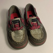 Sperry Top Sider Size 5.5 Girl Grey Silver Glitter and Pink laces