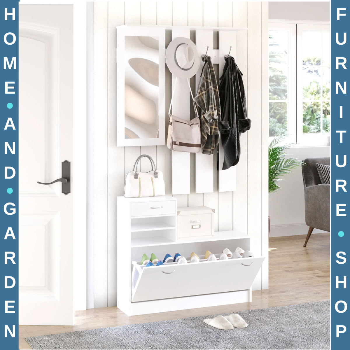 White Hallway Shoe Storage Unit Coat Rack Stand Bench Shelf