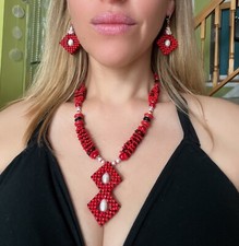 Red Statement jewelry set Ethnic Necklace choker pendant real pearl New handmad