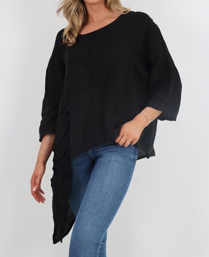 Womens Italian Lagenlook Linen Distress Pocket Asymmetric Linen Plus Size Top - Picture 5 of 29