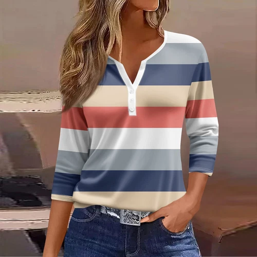 Womens Tops Casual Blouses Tops 3/4 Sleeve V Neck Tunic Top Loose Button T Shirt - Picture 10 of 18