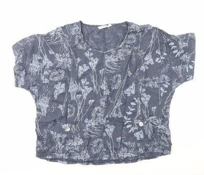 Adini Damen T-Shirt blau geblümt Baumwolle Basic Größe M Rundhals