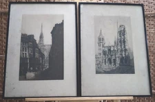 Antique Prints Etchings Street Scenes Cathedrals A Pair