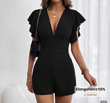 Black Solid V-Neck Flutter Short Sleeve Romper One-Piece Women s Regular S