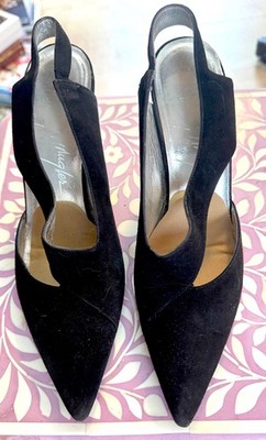 Gorgeous vintage Thierry Mugler Black Suede Slingbacks. Size 8 w/shoe bag