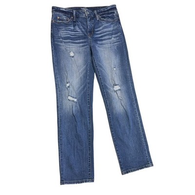 Time and Tru Jeans 6 Mid-Rise Blue Distressed Frayed Holes Straight Casual Denim